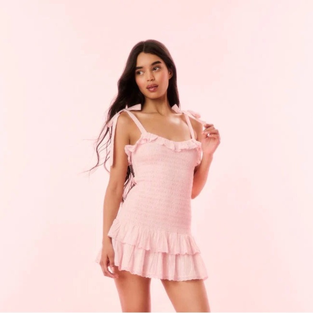 LoveShackFancy Pink Ruffle Tie-Shoulder Mini Dress